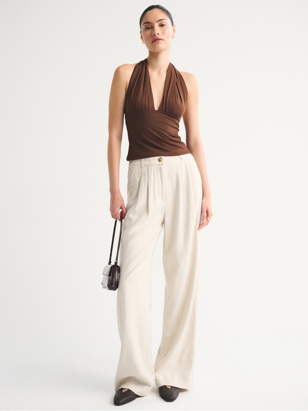 ABERCROMBIE & FITCH SLOANE LINEN-BLEND TAILORED WIDE LEG PANT IN OATMEAL